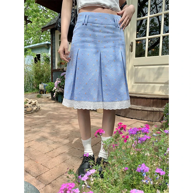 银河汽水 夏季裙子小个子甜美A字裙显瘦中裙小众花边格纹半身裙女