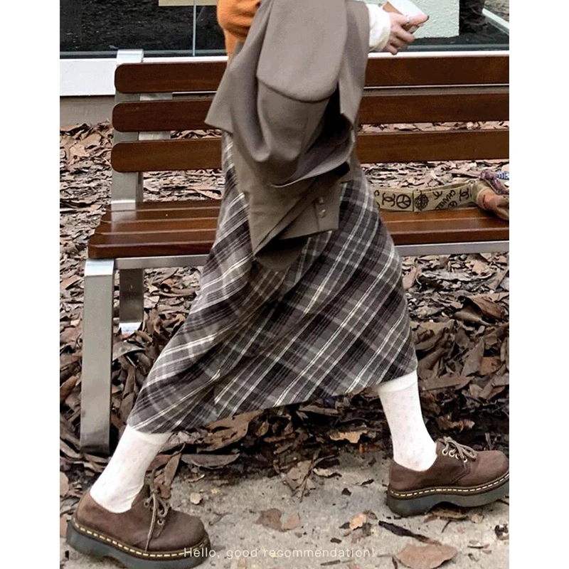 Seven4lee伦敦假日 格纹半身裙女秋冬复古高腰开叉显瘦毛呢长裙