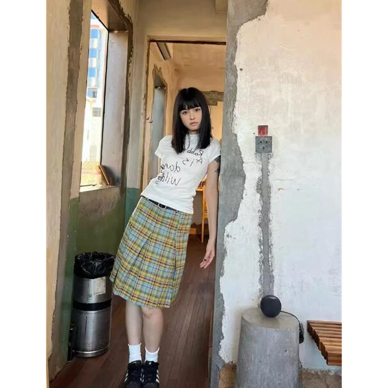 原创蓝黄格纹a字裙半身裙女高腰显瘦百褶格子裙小个子春秋