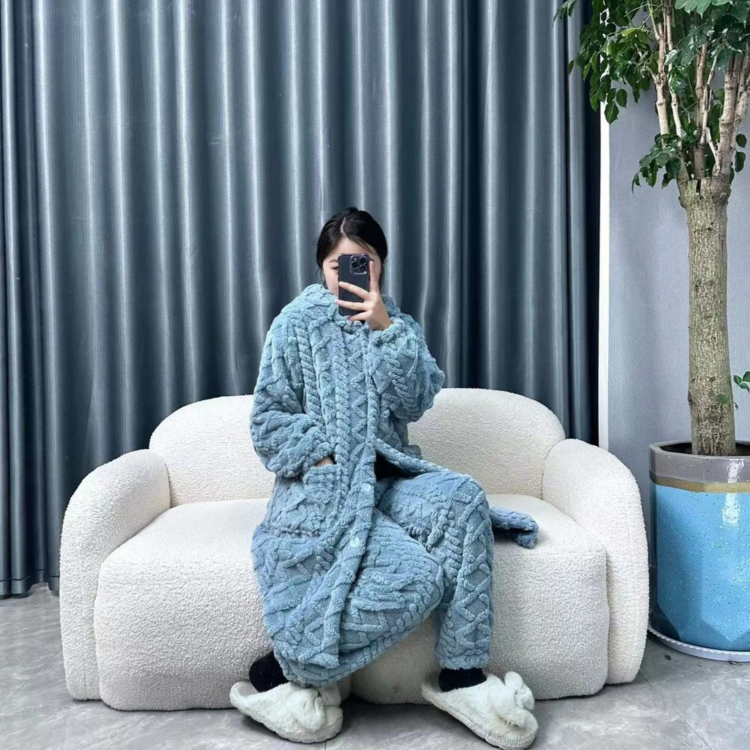 冬款时尚加厚提花长款套装睡衣舒适家居服加绒加厚保暖秋冬季连帽