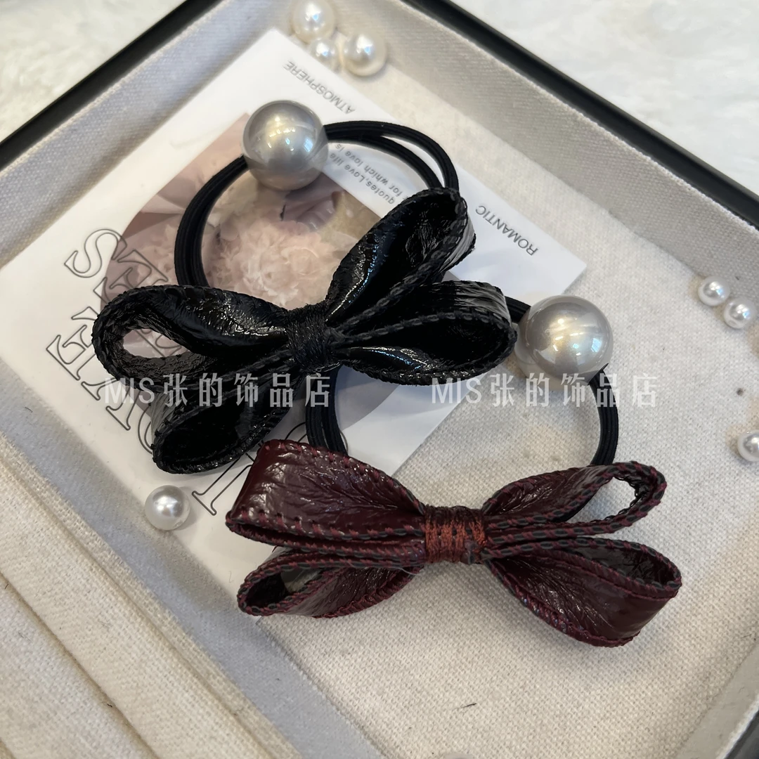 帛妃  PU手工蝴蝶结高弹力发圈简约百搭韩版时尚扎发皮筋头绳