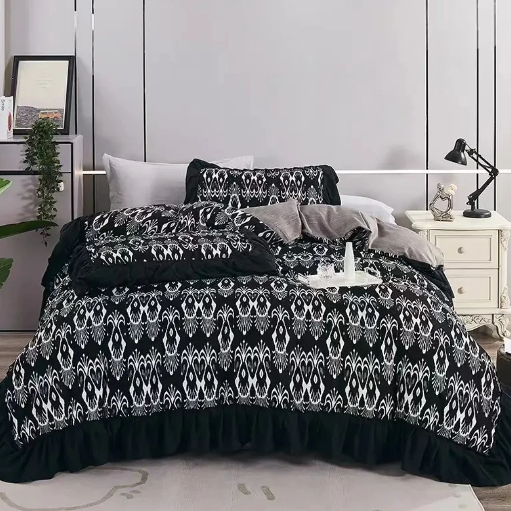 新疆民族风法式艾特莱斯四件套黑白（黑白搭配更美观）加厚印花