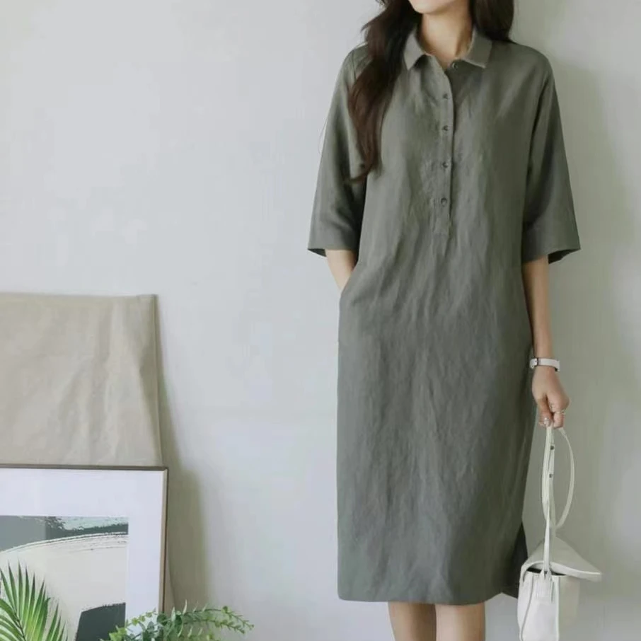 韩国直筒宽松时尚休闲夏季麻短袖长裙