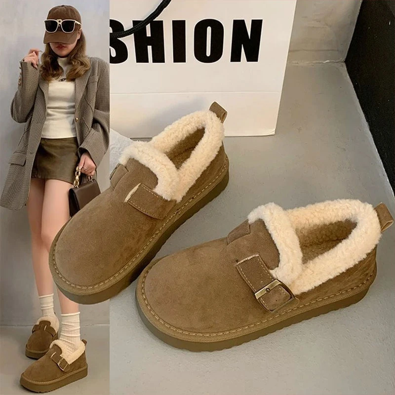 加绒棉鞋女冬季2025新款圆头舒适百搭一脚蹬勃肯鞋平底防滑女鞋子