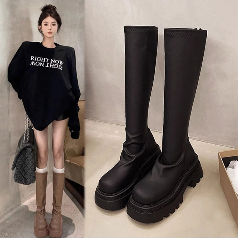 厚底长筒靴女2024秋季新款高筒堆堆靴增高小个子瘦瘦靴辣妹骑士靴
