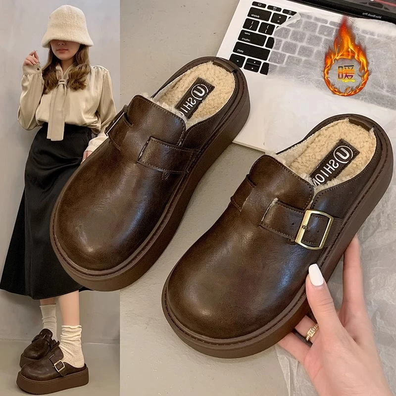 厚底增高勃肯鞋皮面加绒包头半拖鞋女外穿2024新款秋冬毛毛棉拖鞋