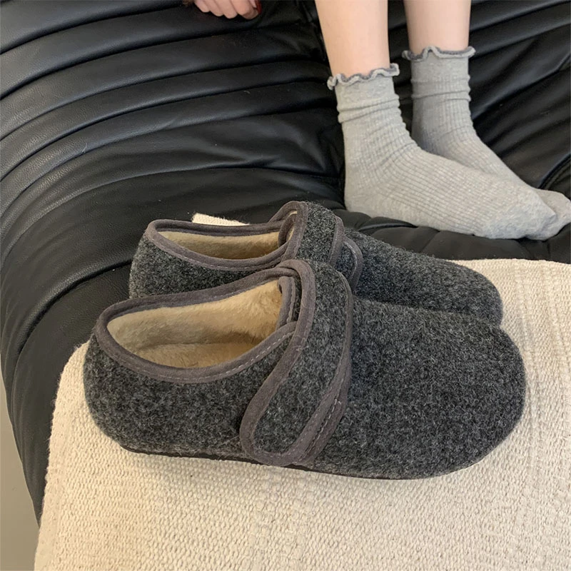 毛呢料平底勃肯鞋高级感毛毛鞋保暖棉鞋秋冬加绒单鞋乐福鞋女鞋子