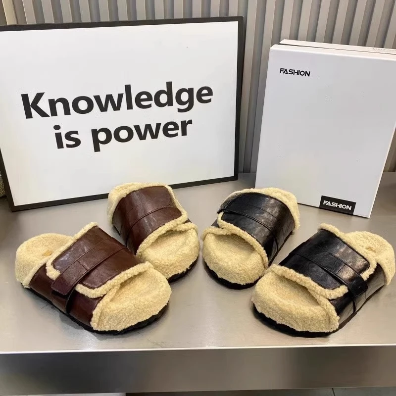 高级感羊羔毛拖鞋女外穿厚底小众设计毛毛鞋秋冬新款复古皮带棉拖