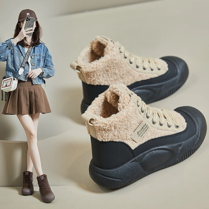 彩莎羊加绒加厚马丁靴女2023秋冬时尚新款软底高帮防滑保暖棉鞋女