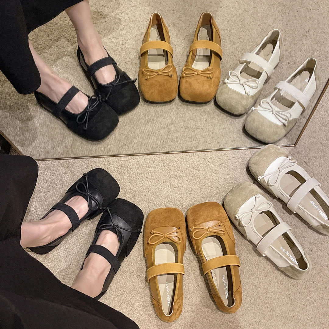 蝴蝶结方头玛丽珍鞋女款2024夏季新款拼色一脚蹬平底百搭软底单鞋