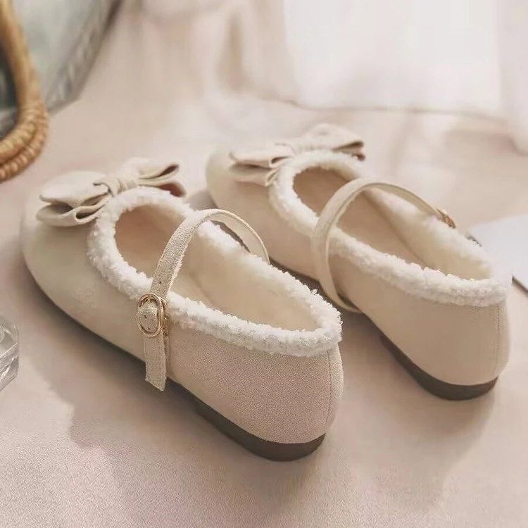 绝美版~玛丽珍女鞋加绒蝴蝶结配裙子白色法式秋冬季毛毛鞋女外穿