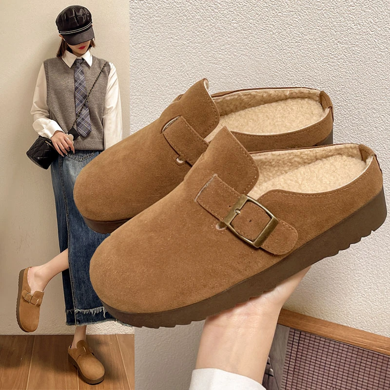厚底复古勃肯鞋女2024秋冬新款毛毛拖鞋女外穿棉拖加绒包头半拖鞋