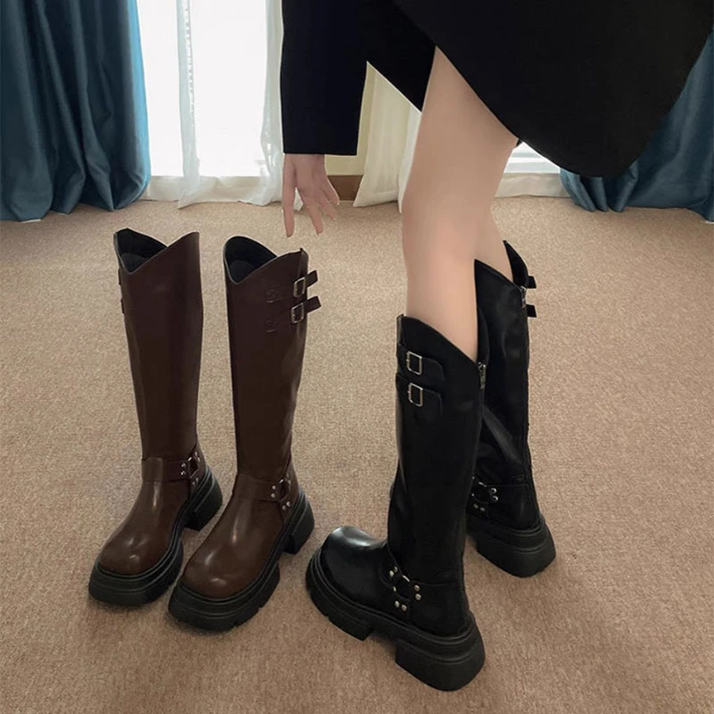 棕色长筒靴女2024新款爆款不过膝厚底长靴西部牛仔骑士靴高筒靴子
