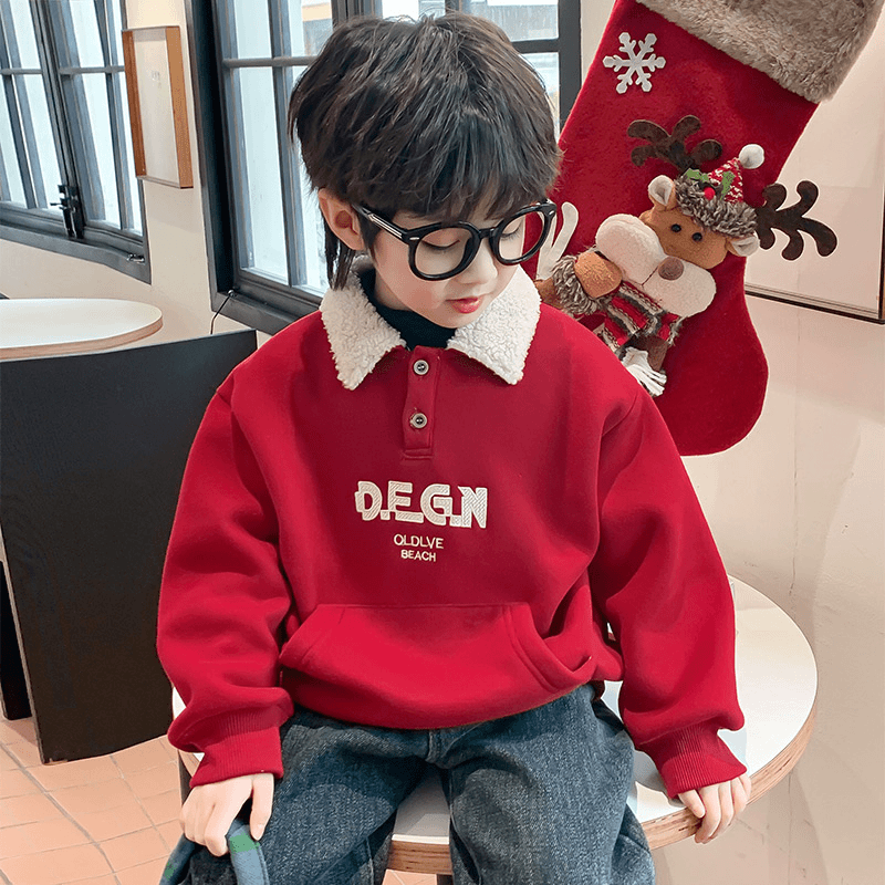 男童加绒卫衣冬装2023新款儿童装秋冬季红色加厚翻领上衣男孩喜庆