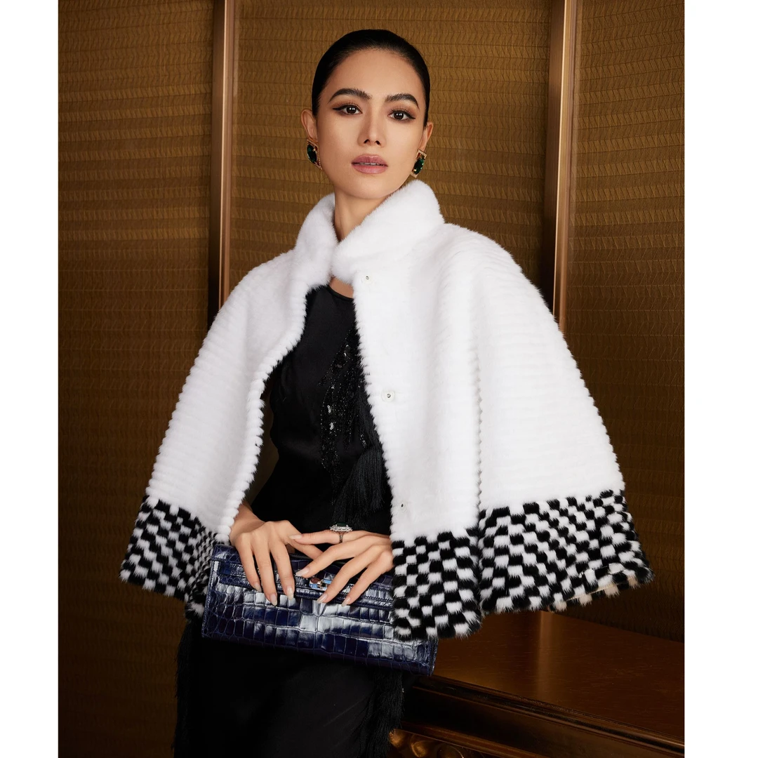 【日月相随】2025新款水貂整貂皮草外套女车条斗篷S23380