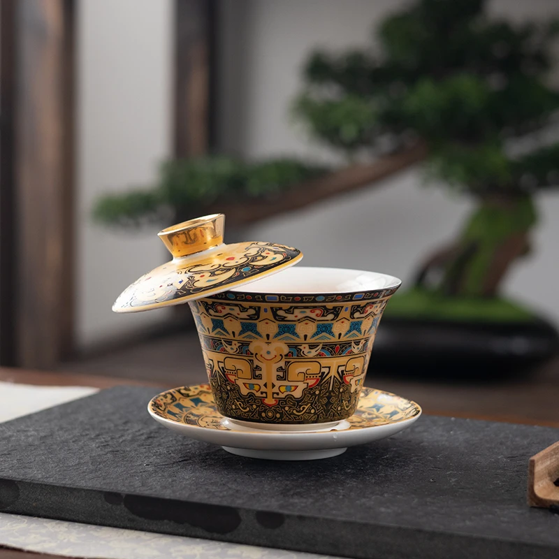 唐卡悬停盖碗茶杯大号三才泡茶碗家用描金羊脂玉功夫茶具