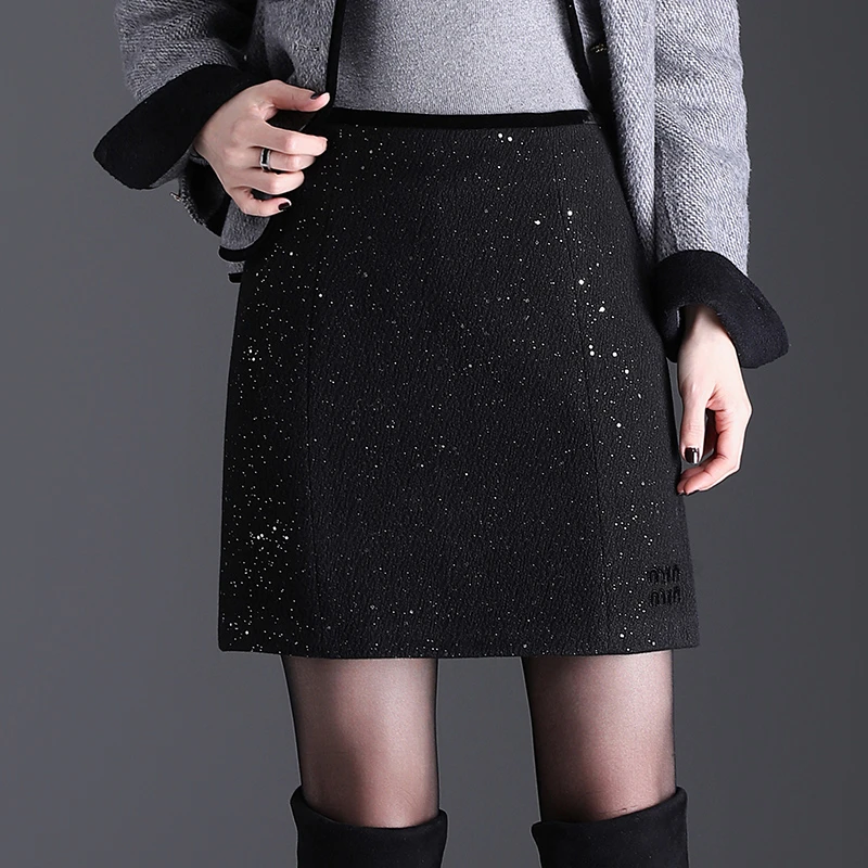 亮片短裙毛呢半身裙女秋冬款加厚2024高腰显瘦包臀裙小香风a字裙