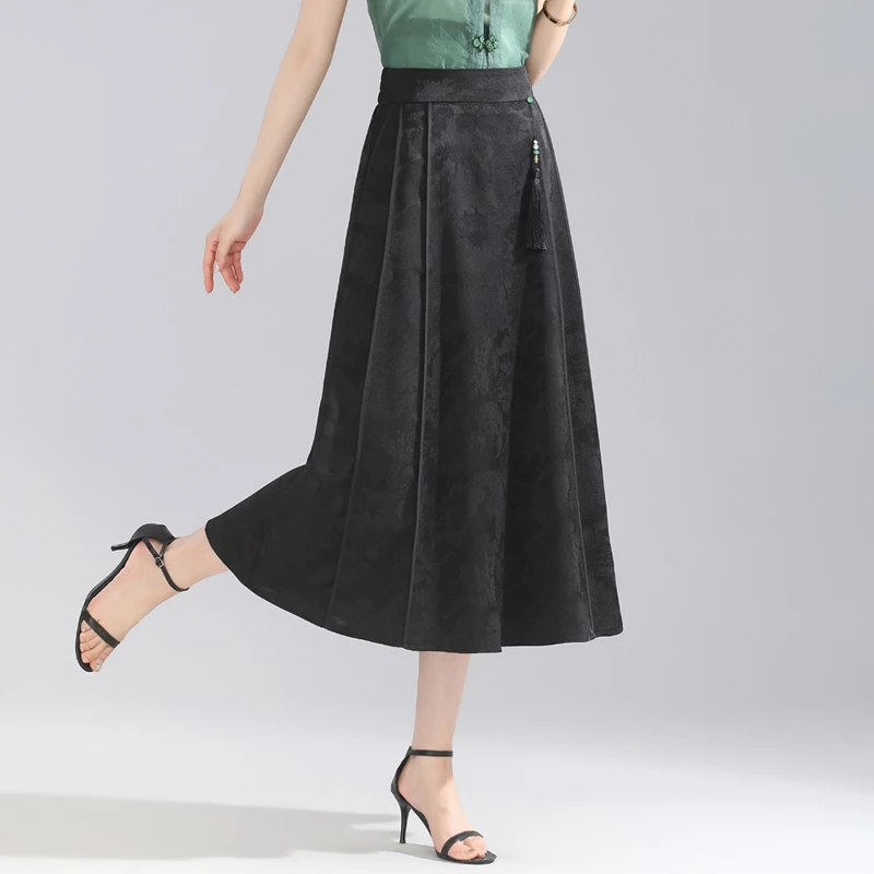 显瘦新中式半身裙高腰a字裙春夏季中长款缎面提花百褶正宗马面裙