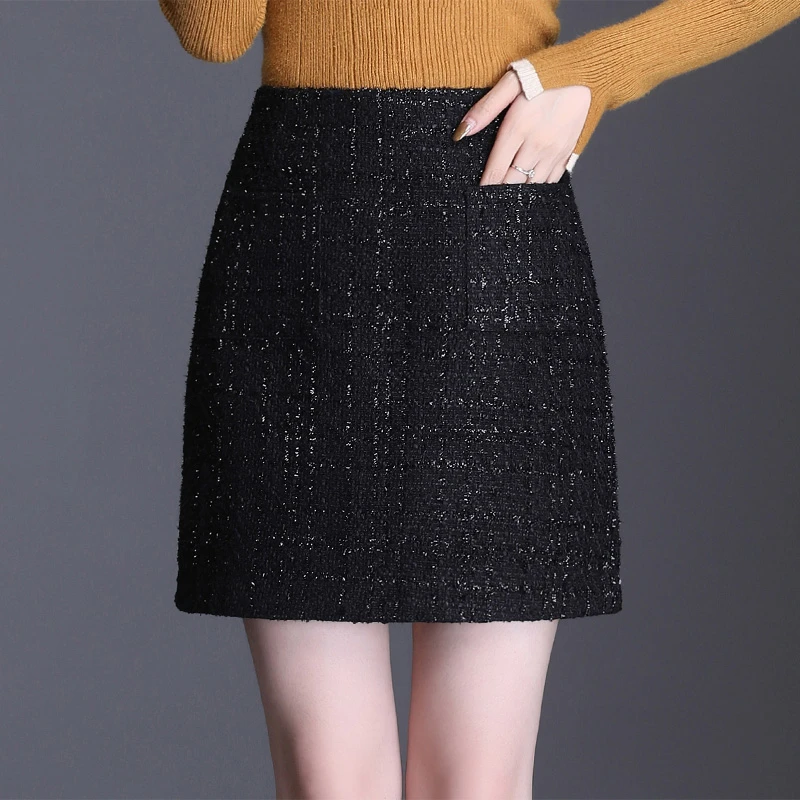 小香风2023秋冬新款半身裙女A字裙高腰显瘦黑色粗花呢包臀短裙子