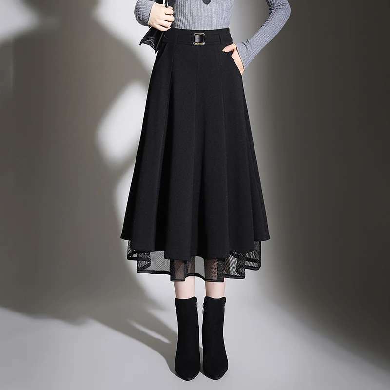 春秋a字裙半身裙女秋冬中长款2025新款高腰百褶垂坠感网纱裙春夏