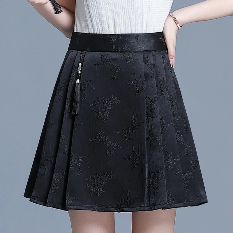 新中式国风短裙百褶裙女夏季提花黑色大码高腰显瘦a字半裙防走光
