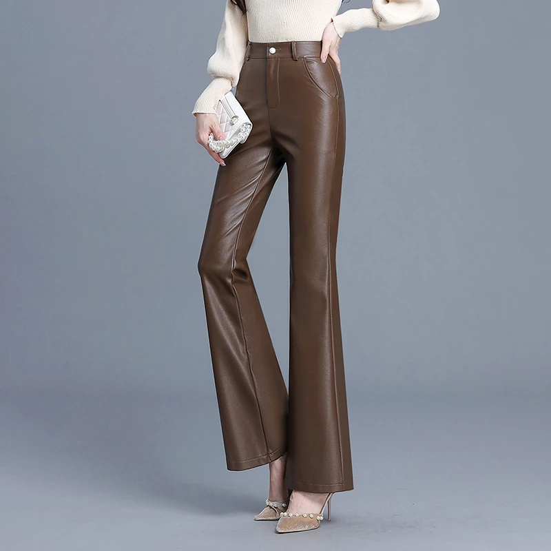 棕色皮裤微喇裤女2025秋冬新款高个子高腰显瘦时尚修身喇叭裤