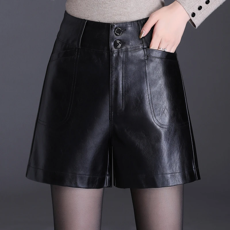 秋冬皮短裤高腰a字外穿靴裤女2024小个子百搭宽松阔腿显瘦短皮裤