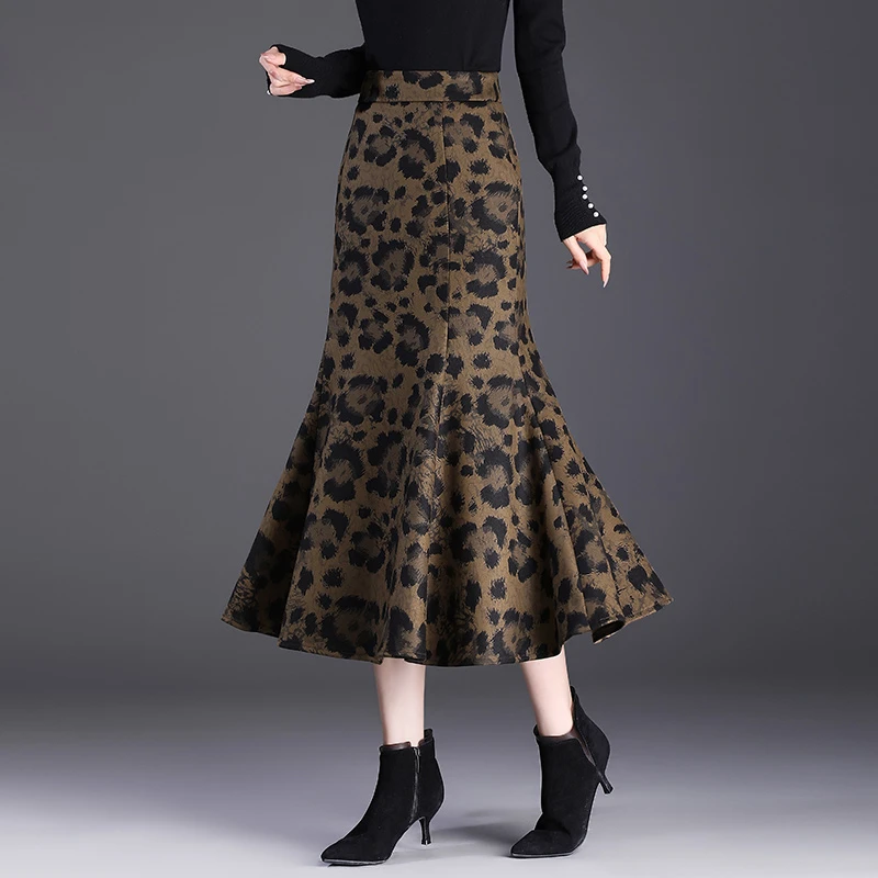印花包臀裙高腰半身裙显瘦长裙女秋冬时尚优雅鱼尾裙荷叶边大摆裙