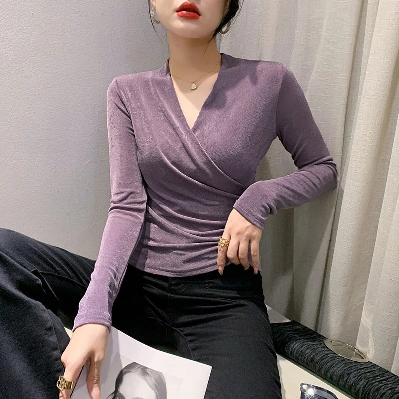 设计感小众V领交叉不规则褶皱收腰修身正肩体恤内搭长袖打底上衣
