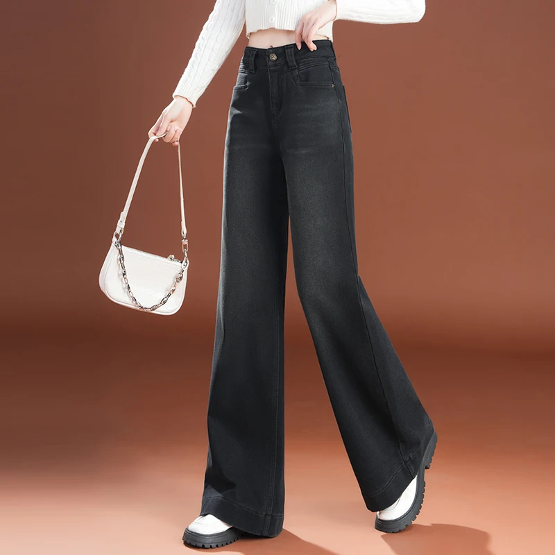 牛仔阔腿裤女加绒冬季新款高腰显瘦百搭黑色垂感宽松拖地裤裤子