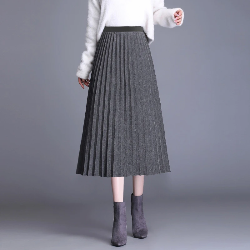 百褶裙女秋冬毛呢半身裙风琴高腰a字垂感显瘦中长款百搭长裙宽松