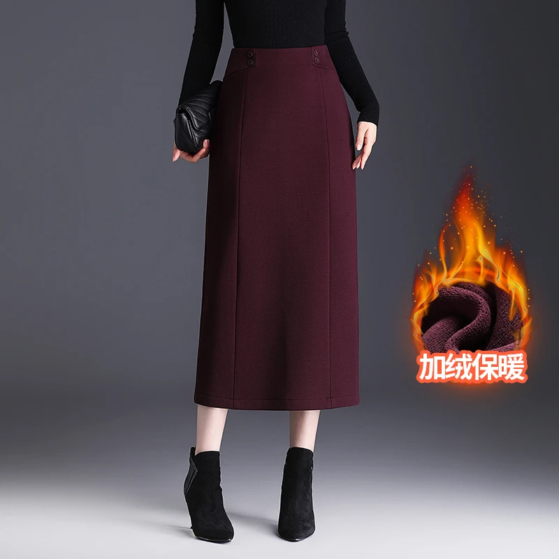 加绒冬季半身裙女高腰2025新款弹力松紧腰显瘦直筒长裙一步包臀裙