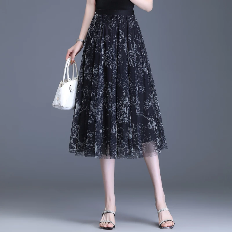 纱裙春秋印花网纱半身裙女夏季新款松紧高腰显瘦中长款A字百褶裙