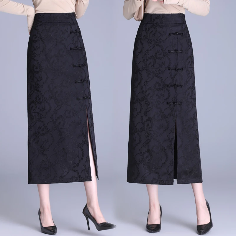 改良中式提花盘扣半身裙女春秋2025年新款高腰显瘦包臀长款一步裙