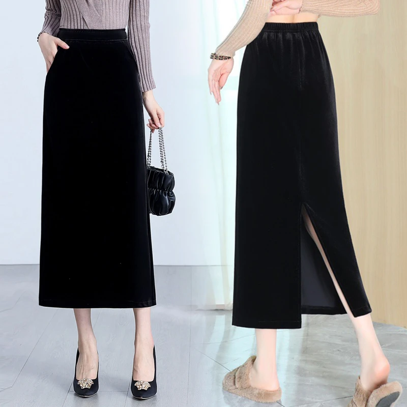 金丝绒半身裙黑色后开叉直筒长裙2025秋冬显瘦高腰气质长款包臀裙