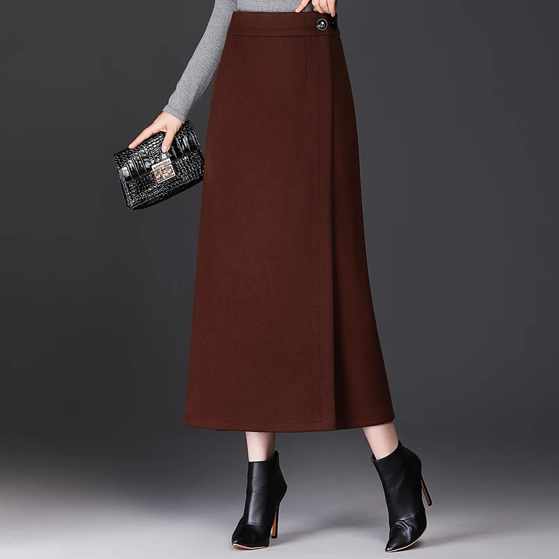 毛呢一片式裙子女2025年新款秋冬长裙围裹式半身裙高腰a字裙加厚
