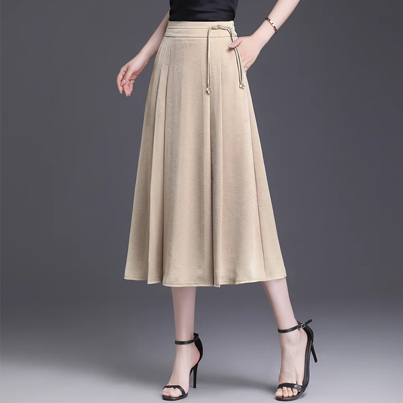 国风醋酸半身裙高腰垂感2024夏季薄款百褶裙显瘦a字中长款大摆裙
