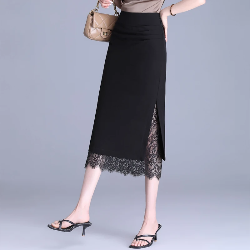 黑色包臀半身裙女中长款2025夏季薄款高腰显瘦开叉蕾丝一步裙
