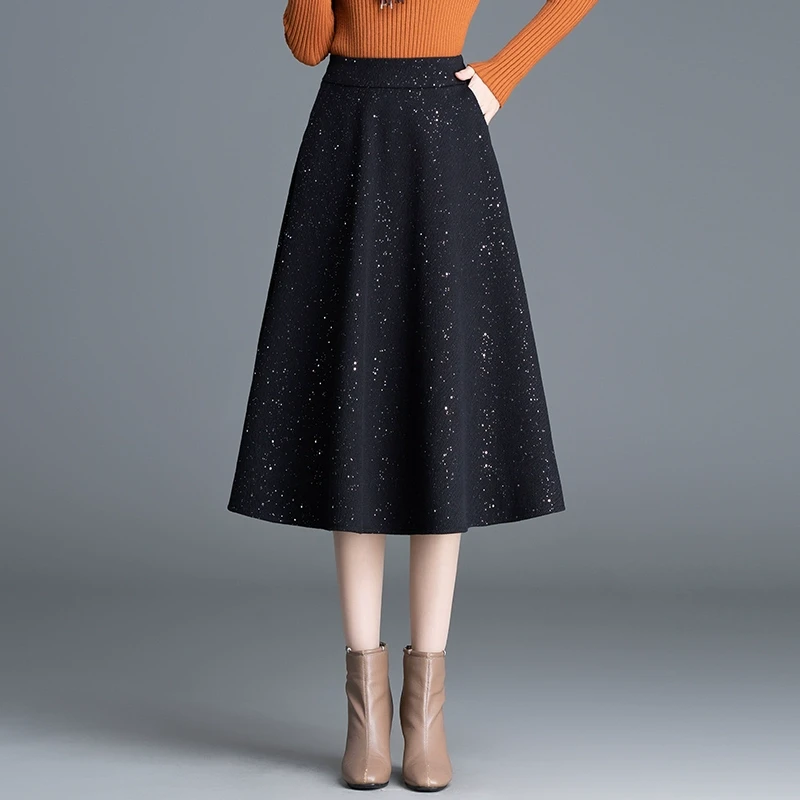 毛呢亮片半身裙女黑色2024年秋冬季加厚中长款伞裙高腰显瘦a字裙