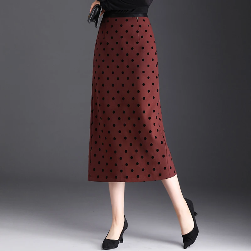 波点半身裙女春秋2025新款通勤气质开叉一步长裙高腰直筒包臀裙子