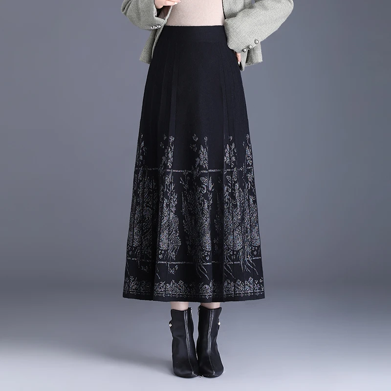 高腰a字百褶裙国风毛线马面裙秋冬中长款显瘦大摆加厚针织半身裙