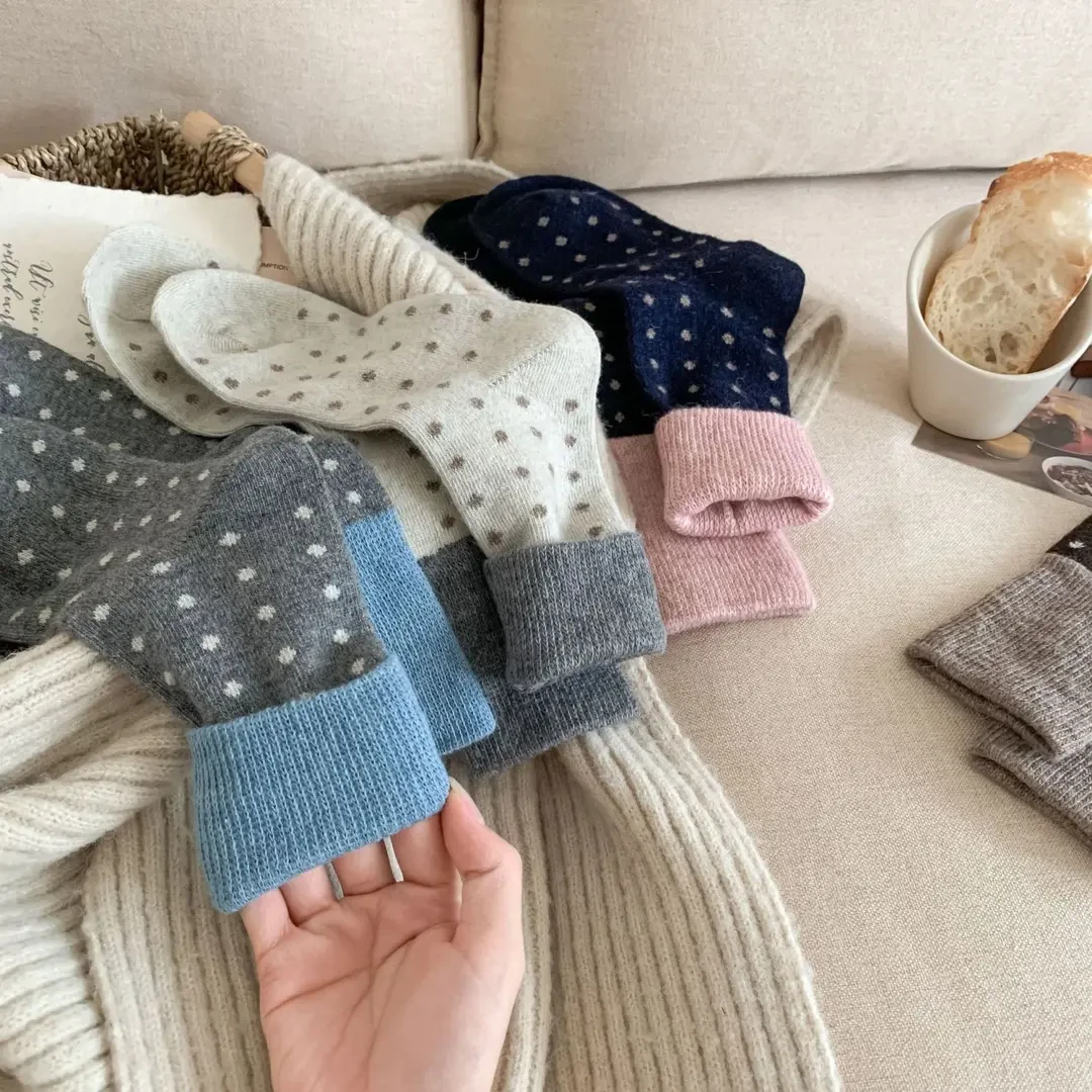 秋冬加厚保暖拼色小波点袜撞色中筒堆堆袜子女日系复古系列