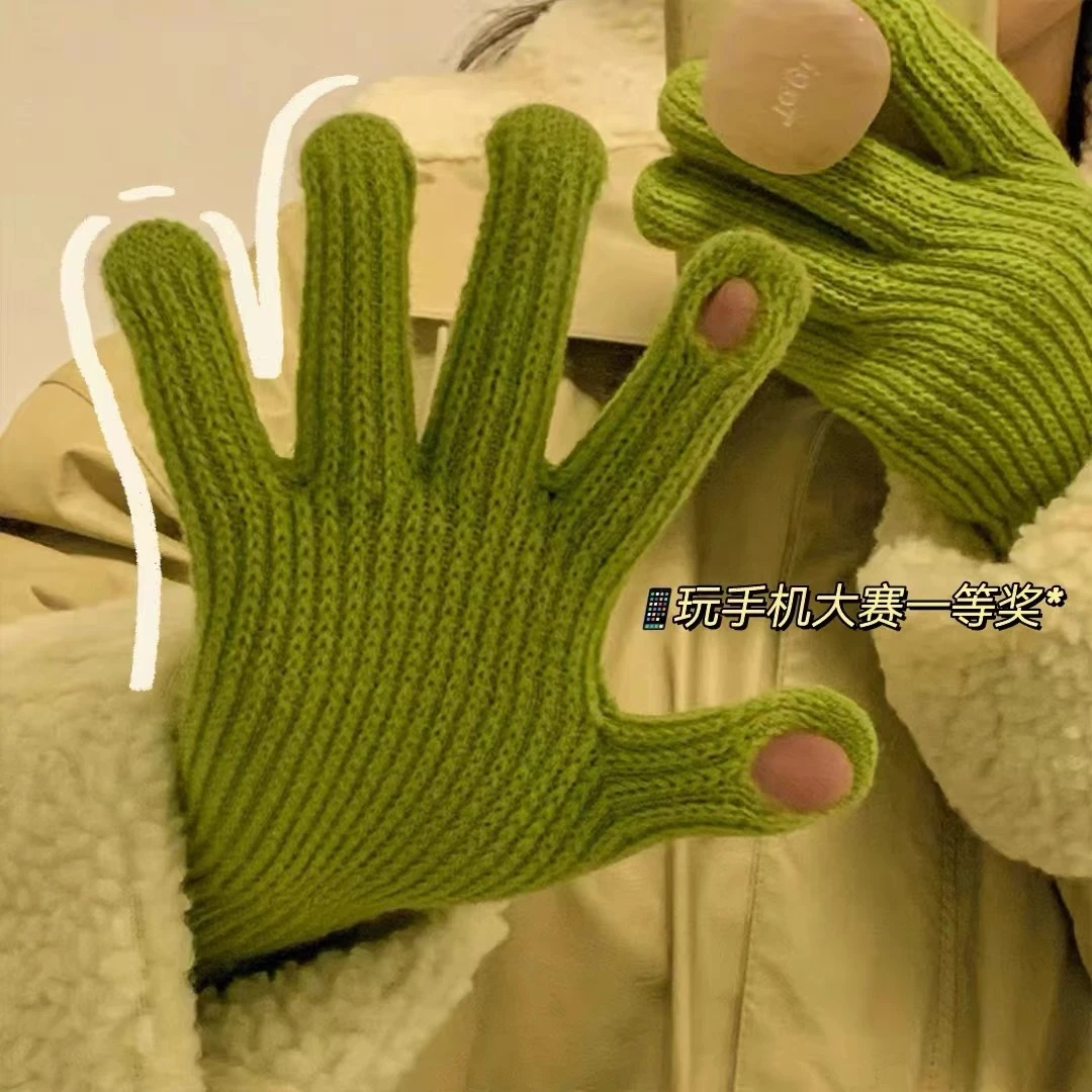 ins小糖豆毛线针织手套冬季露指女纯色保暖防风骑车分指触屏k