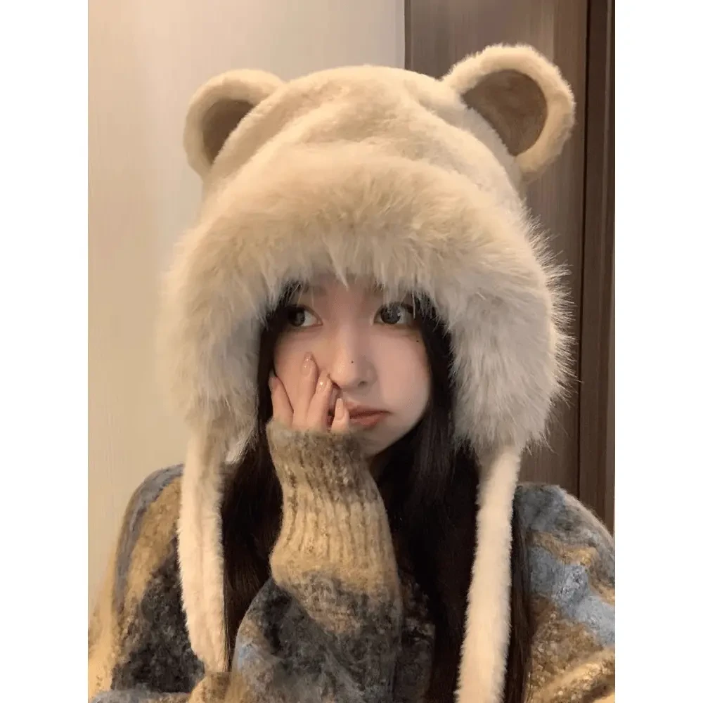 韩版可爱雷锋帽女秋冬季小熊耳朵毛绒帽加绒加厚骑行防寒FCX