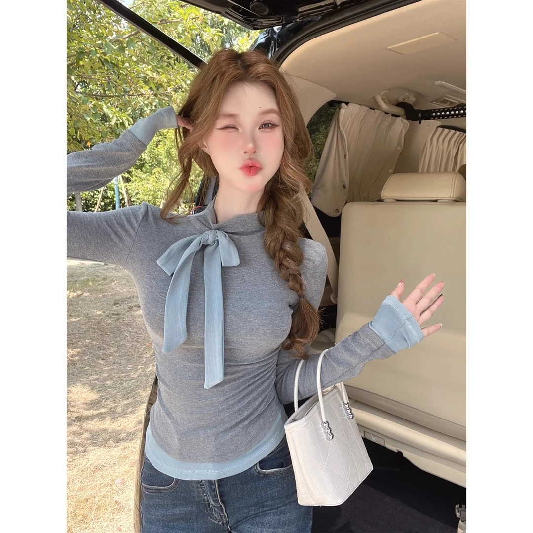 灰色蝴蝶结假两件长袖打底衫女秋冬设计感半高领内搭辣妹洋气上衣