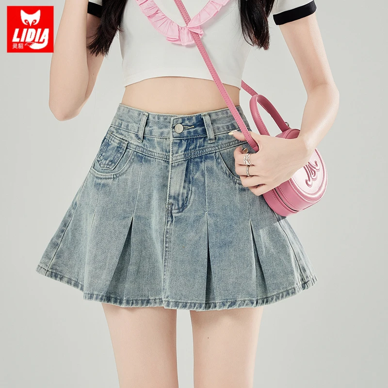 浅蓝色牛仔短裙女夏季新款A字显瘦短款半身裙高腰百褶防走光裙子