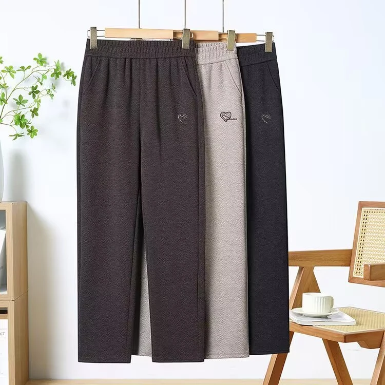 高腰妈妈毛呢裤子秋冬款宽松直筒长裤加绒加厚中年大码中老年女裤
