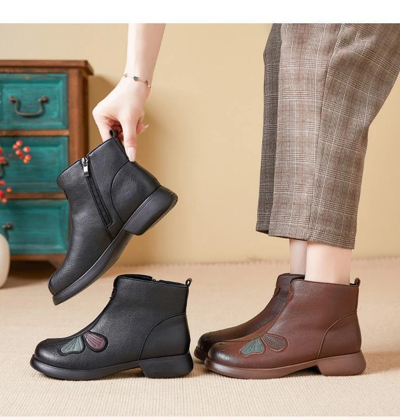 妈妈鞋加绒防滑中老年女鞋保暖老人短靴皮鞋软底软面冬季棉鞋冬鞋