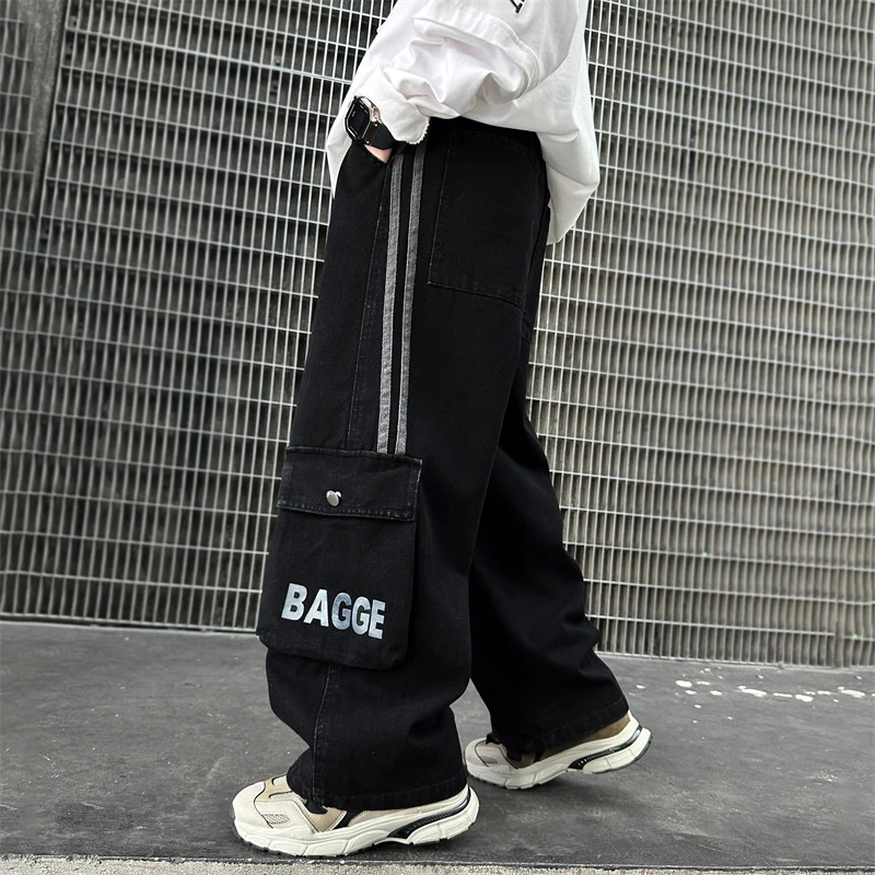 男童阔腿工装裤春秋季2024新款痞帅儿童炸街宽松牛仔裤大童秋装潮