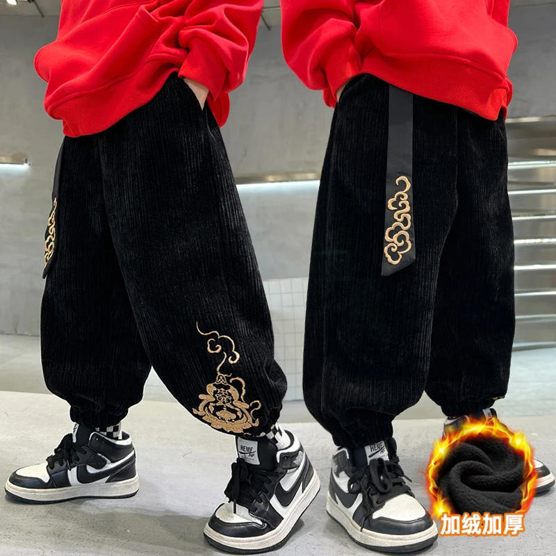 男童裤子加绒2023新款中大童炸街中国风灯芯绒儿童加厚唐装保暖裤
